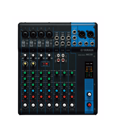 Photograph of a Yamaha MG10 analog audio mixing desk
