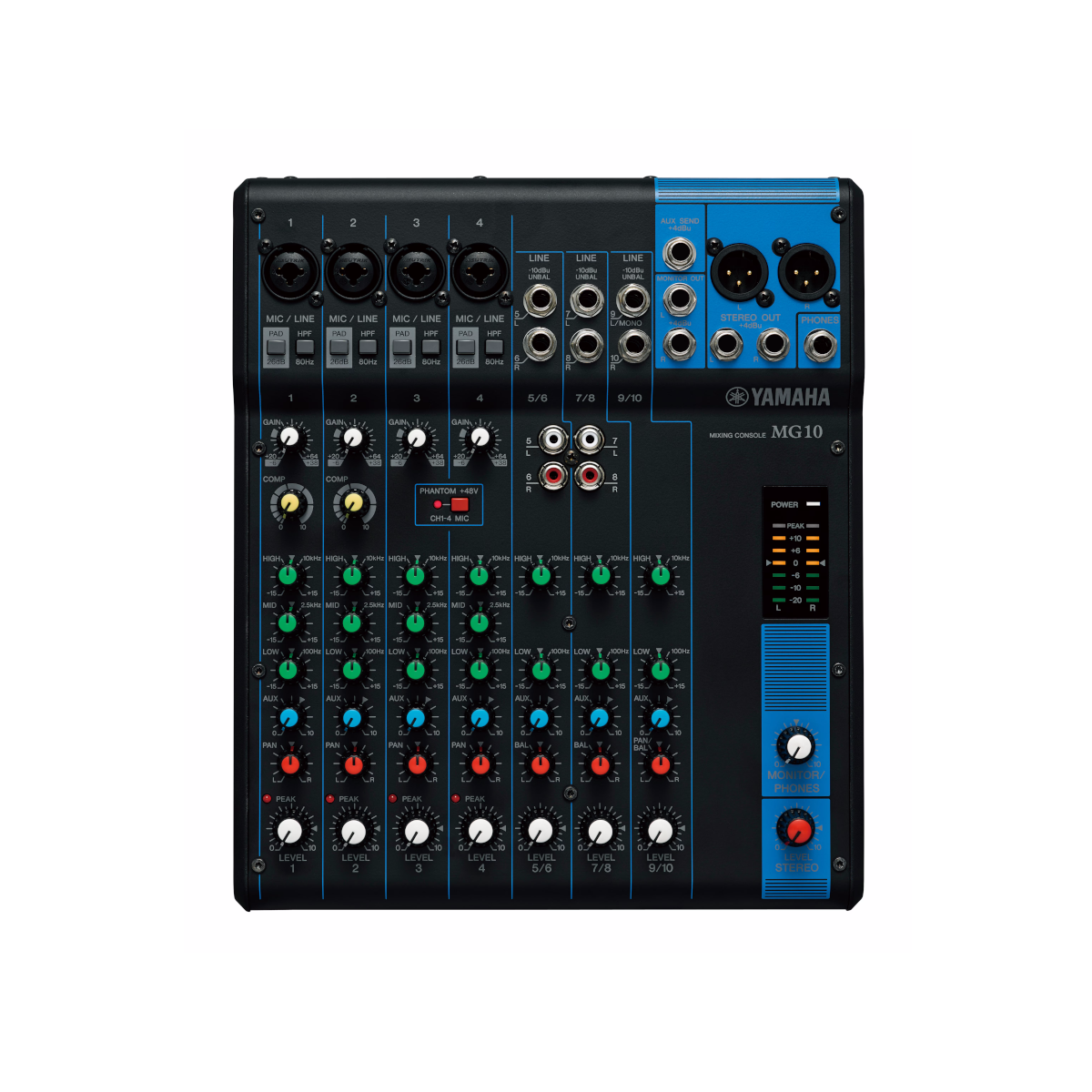 Photograph of a Yamaha MG10 analog audio mixing desk