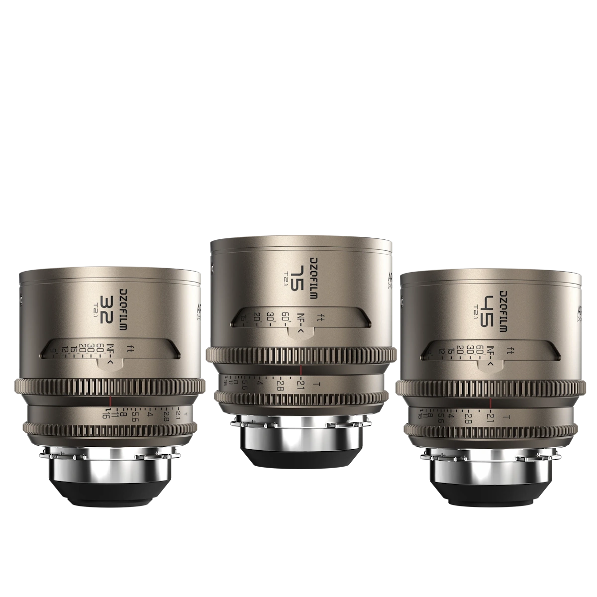 DZOFIlm Arcana 1.5x Anamorphic Full Frame Set image showing three DZOfilm anamorphic cinematography lenses