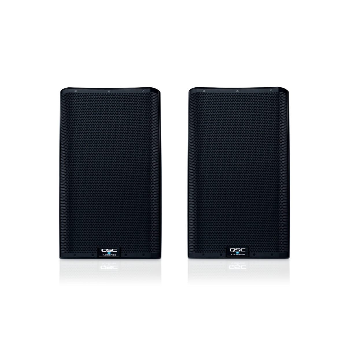 QSC K12.2 Active Speaker PA System front on view of two QSC brand active audio speakers