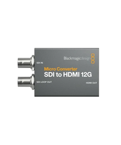 front on view of a blackmagic micro converter box, 12G SDI to HDMI.