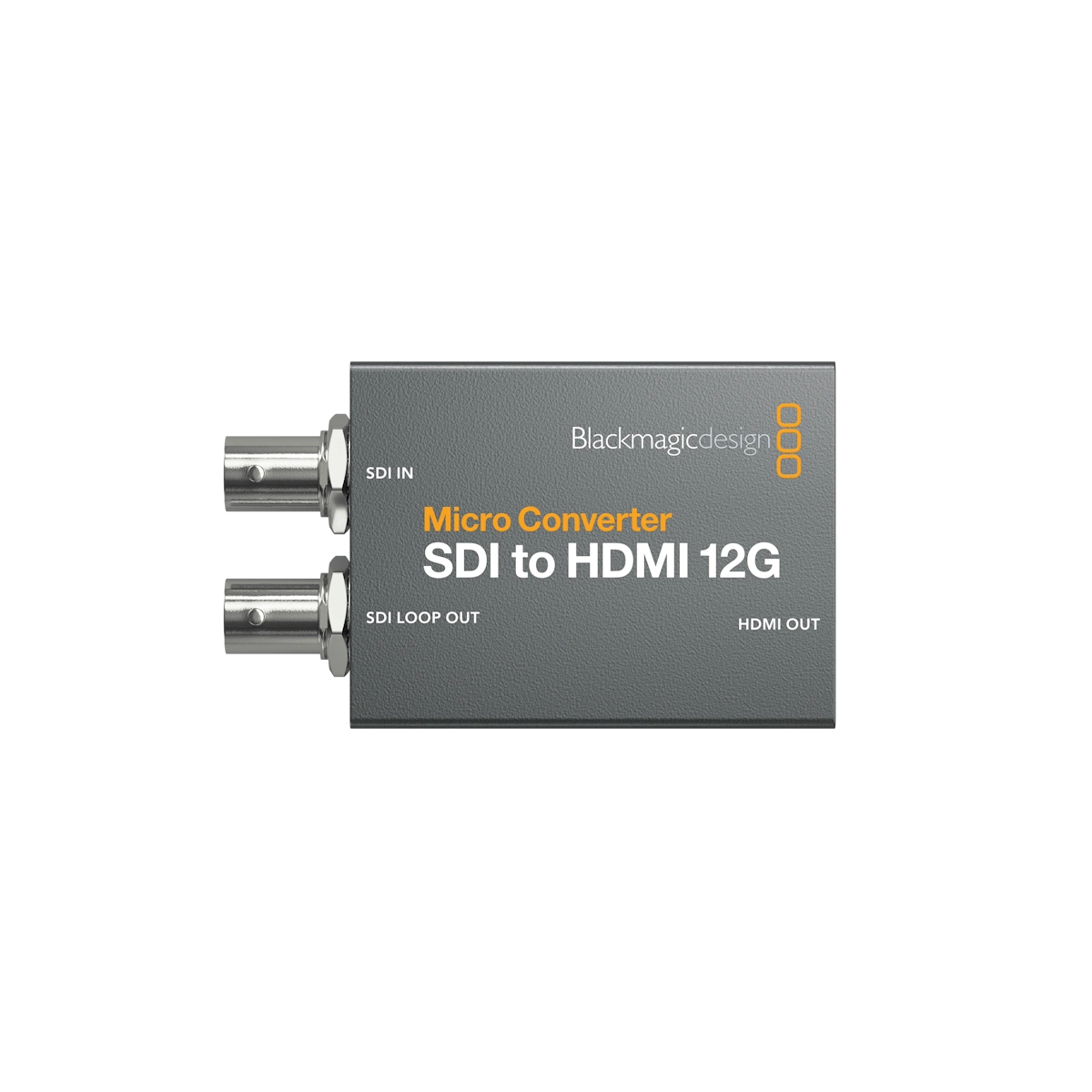 Blackmagic Design Micro Converter SDI to HDMI 12G front on view of a blackmagic micro converter box, 12G SDI to HDMI.